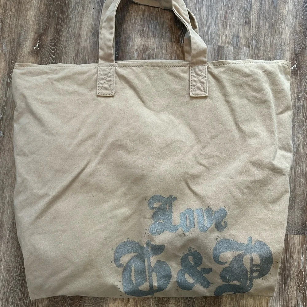 Y2K Choose Juicy Couture Tote Bag Distressed Silver Graphic Tan Canvas Large